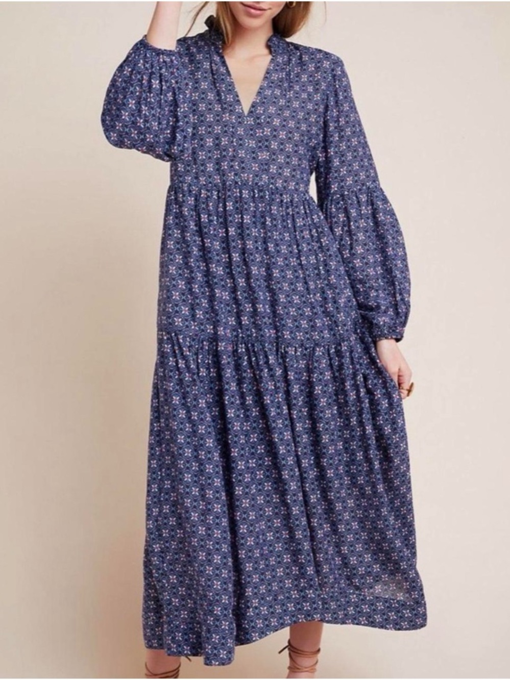 Anthropologie Navy Floral Tiered Maxi Dress